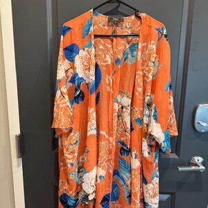 Status by Chenault 2X Orange Flowered Long Sheer Jacket